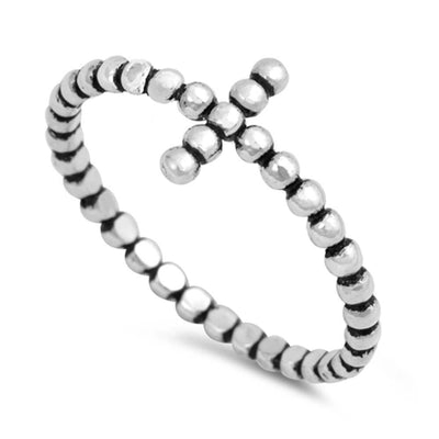Sterling Silver Stylish Oxidized Bead Band Cross Ring with Ring Face Height of 9MM