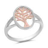 Sterling Silver Ring with Fancy Rose Gold Plated Tree of Life Design and Ring Face Height of 15MM