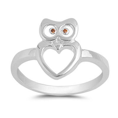 Sterling Silver High Polished Finish Owl Ring With Heart Shaped BodyAnd Face Height of 14MM