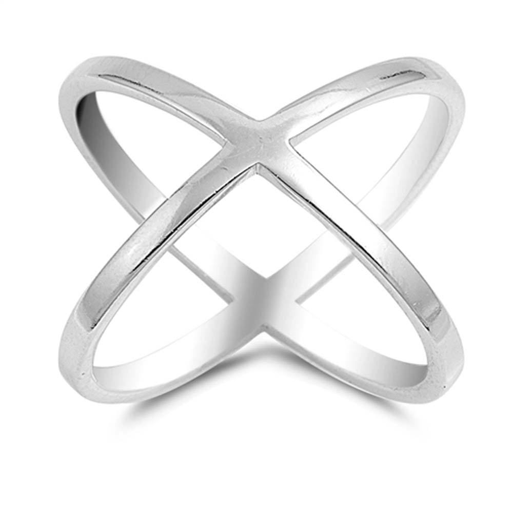 Sterling Silver Finish Rhodium Plated Double-shank Plain X Ring, Face Height of 19MM