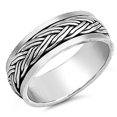 Sterling Silver Oxidized Finish Spinner Braided Pattern RingAnd Face Height 8MM