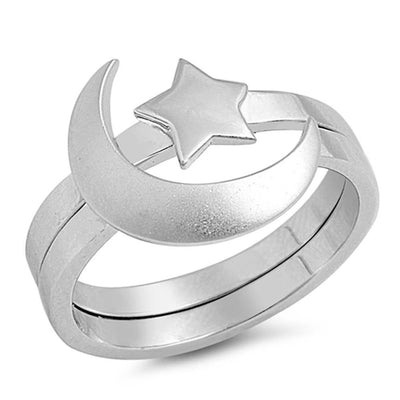 Sterling Silver Rhodium Plated Matte Finish Moon And Star Shaped Plain RingsAnd Face Height 13mm