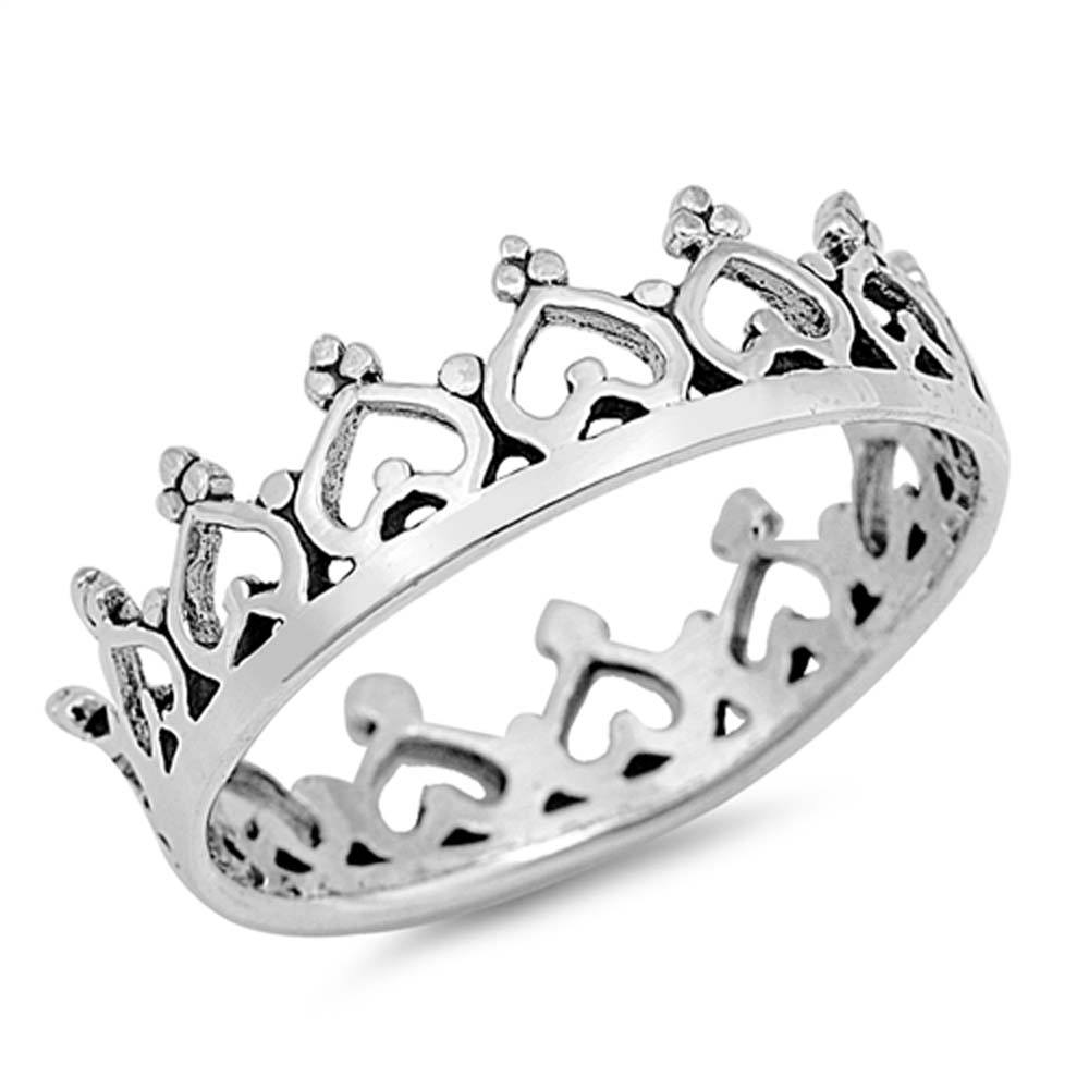 Sterling Silver Heart Crown Shaped Plain Rings, Face Height 6mm