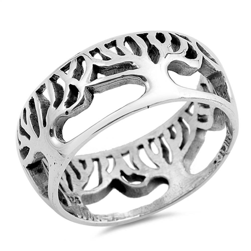 Sterling Silver Oxidize Tree Of Life Shaped Plain RingsAnd Face Height 9mm