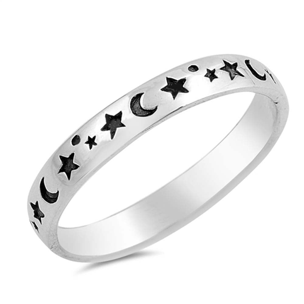 Sterling Silver Oxidize Stars And Moon Ring