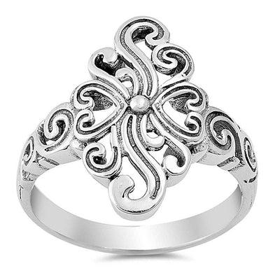 Sterling Silver Polish And Rhodium Plated Flower Shaped Plain RingsAnd Face Height 19mm