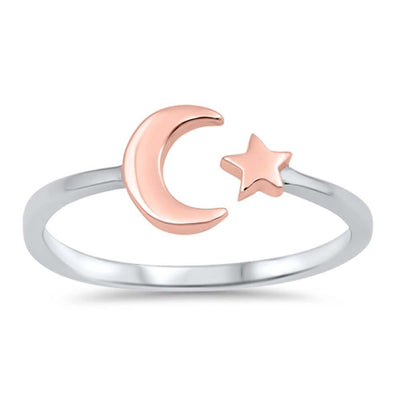 Sterling Silver Rose Gold And Rhodium Plated Moon And Star Ring