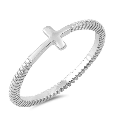 Sterling Silver Polish And Rhodium Plated Sideway Cross Shaped Plain RingsAnd Face Height 5mm