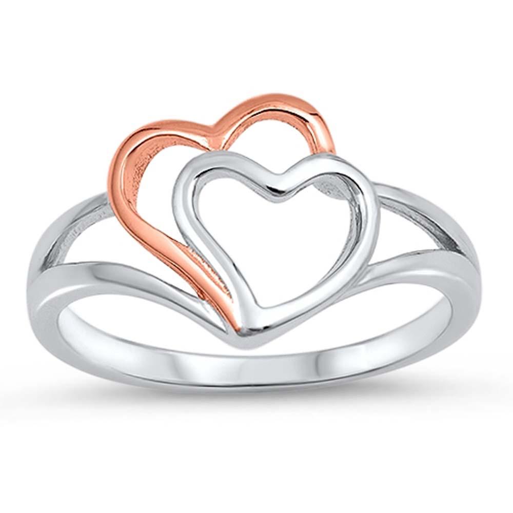 Sterling Silver High Polish Rhodium And Rose Gold Plated Heart Shaped Plain RingsAnd Face Height 12mm
