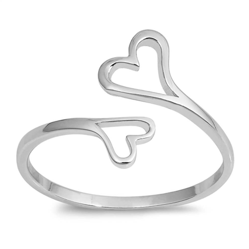 Sterling Silver Rhodium Plated Two Heart Shaped Plain RingsAnd Face Height 14mm