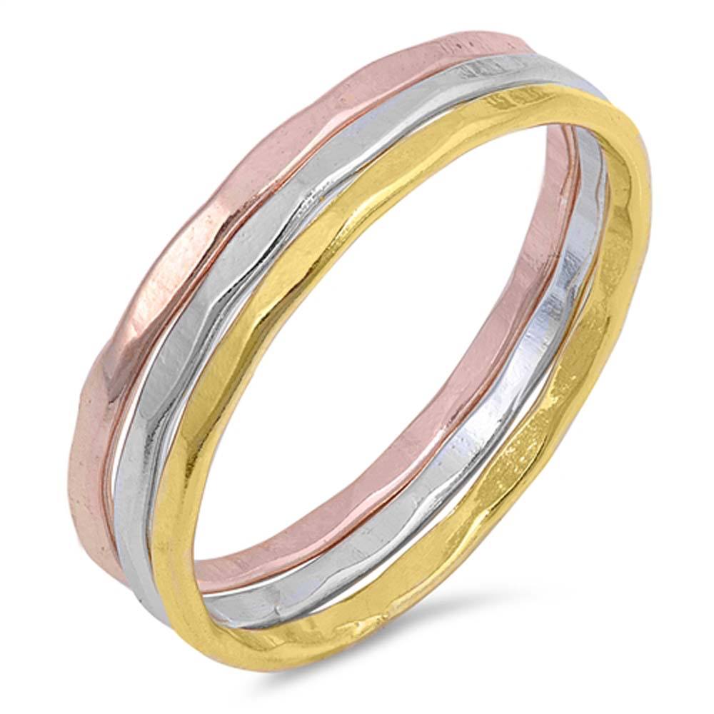 Sterling Silver Tri Tone Hammered Band Set Plain RingsAnd Face Height 3mm