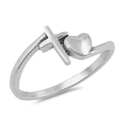 Sterling Silver Rhodium Plated Heart And Cross Shaped Plain RingsAnd Face Height 8mm