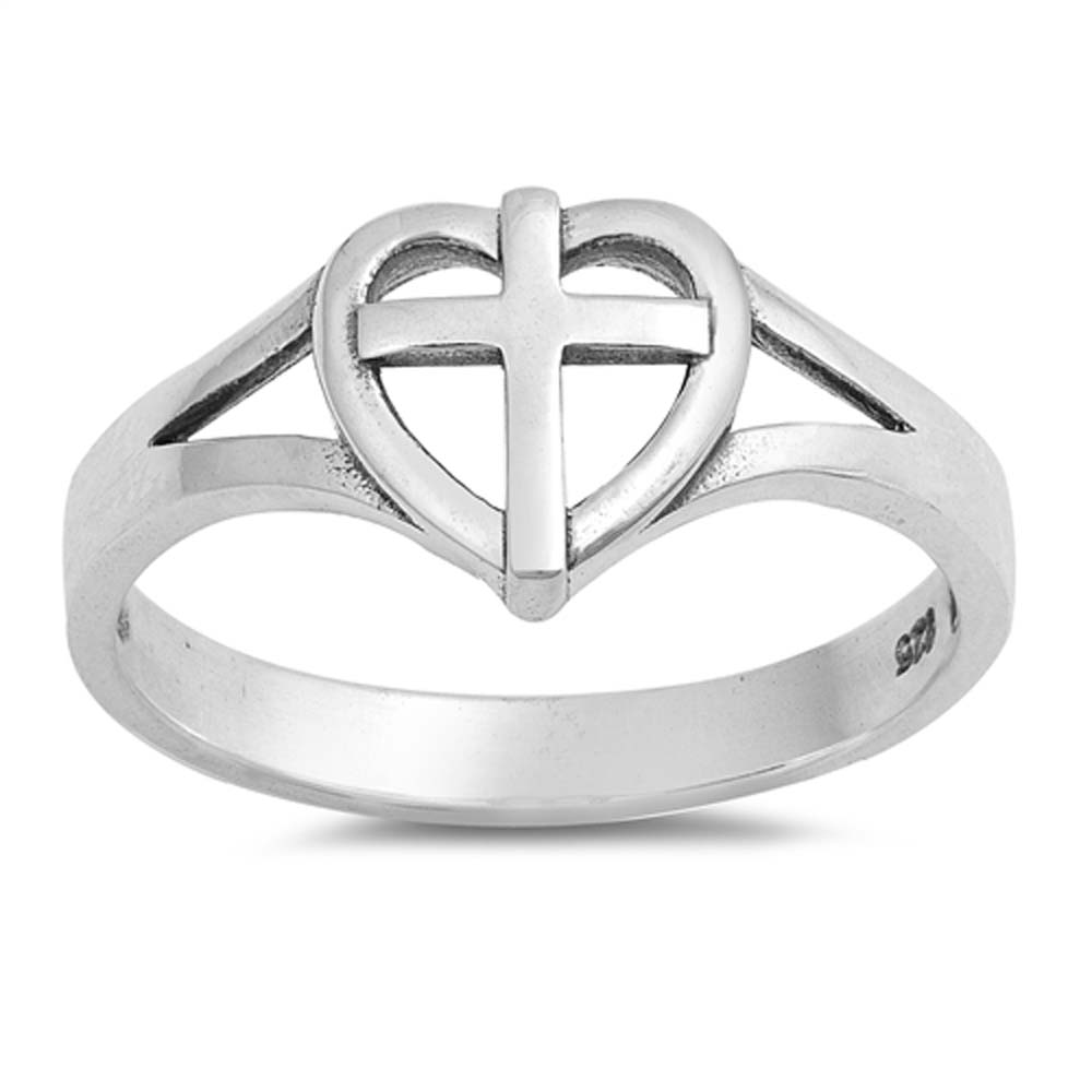 Sterling Silver Rhodium Plated Cross In Heart Shaped Plain RingsAnd Face Height 9mm