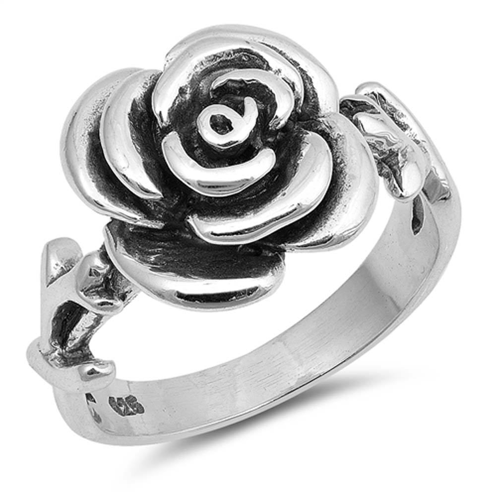Sterling Silver Rhodium Plated Rose Shaped Plain Rings and Face Height 13mm