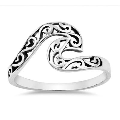 Sterling Silver Filigree Wave Shaped Plain Rings, Face Height 10mm