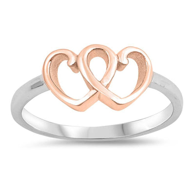 Sterling Silver Rose Gold And Rhodium Plated Double Hearts Shaped Plain RingsAnd Face Height 8mm