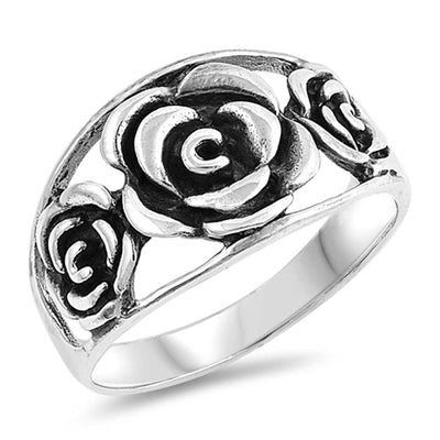Sterling Silver Oxidized Roses Shaped Plain Rings and Face Height 12mm
