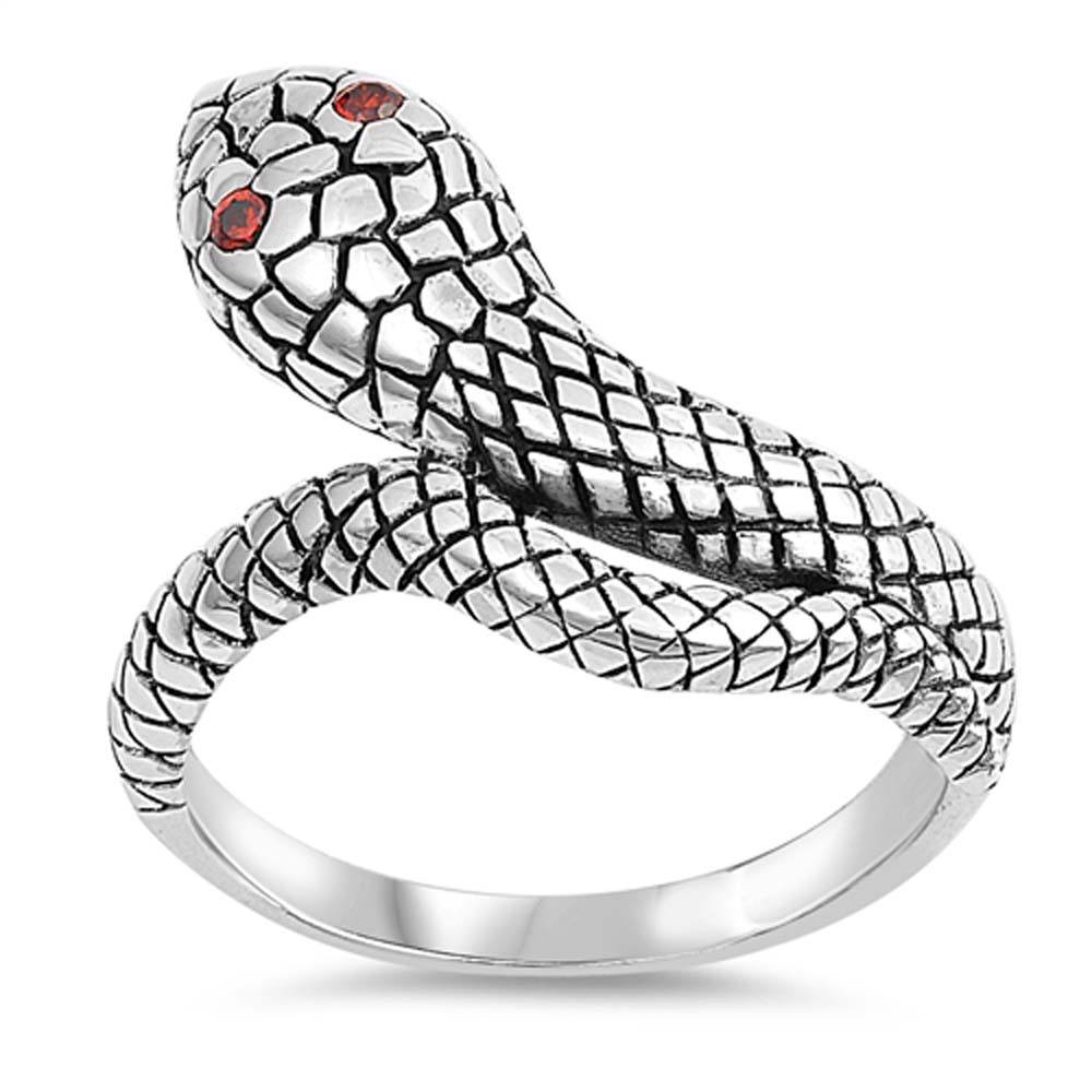 Sterling Silver Oxidized Snake Shaped Plain Rings With Ruby CZAnd Face Height 17mm