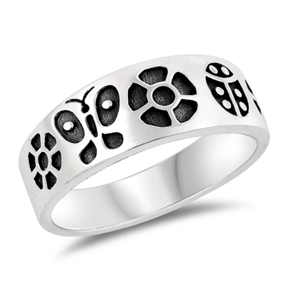 Sterling Silver Oxidized Flowers And Butterflies Shaped Plain RingsAnd Face Height 9mm