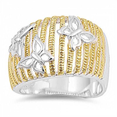Sterling Silver Rhodium And Yellow Gold Plated Butterfly Shaped Plain Rings
