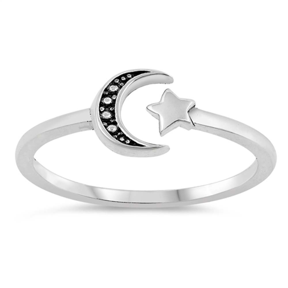 Sterling Silver Oxidized Crescent Moon And Star Shaped Plain RingsAnd Face Height 7mm