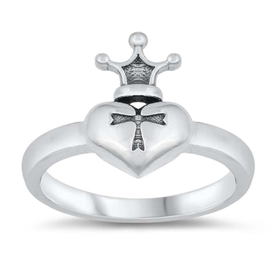 Sterling Silver Oxidized Heart Cross Crown Ring