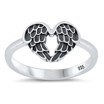 Sterling Silver Oxidized Heart Wings Ring