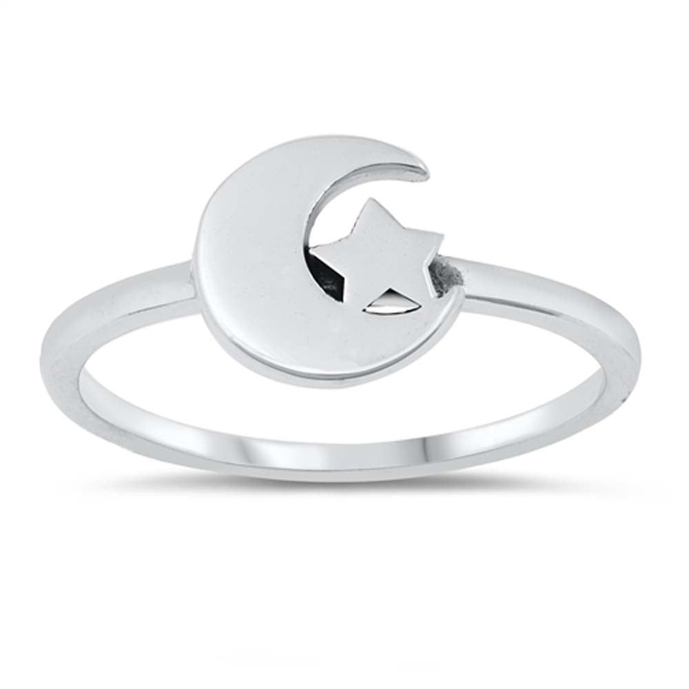Sterling Silver Oxidized Moon And Star Ring