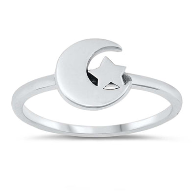 Sterling Silver Oxidized Moon And Star Ring