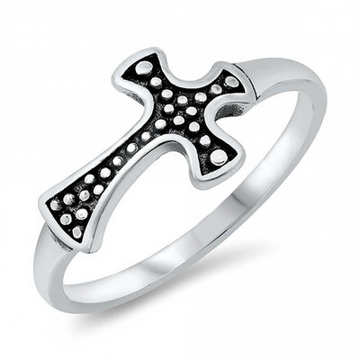 Sterling Silver Oxidized 8mm Dotted Cross Ring