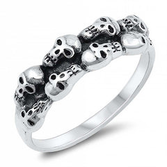 Sterling Silver Oxidized Stacked Skull Head Ring, Face Height 7mm