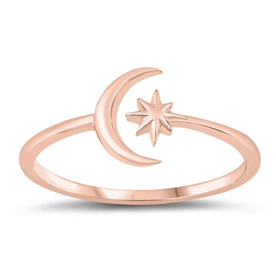 Sterling Silver Rose Gold Plated Crescent Moon And Star Ring