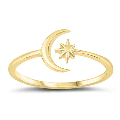 Sterling Silver Yellow Gold Plated Crescent Moon And Star Ring