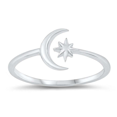Sterling Silver Rhodium Plated Moon And Star Ring