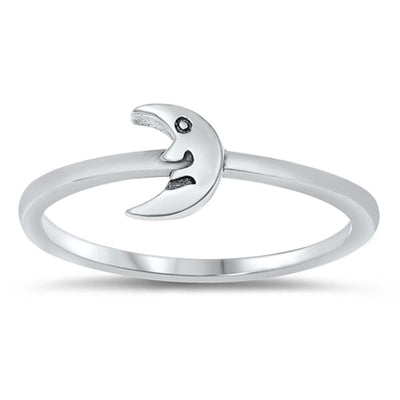 Sterling Silver Rhodium Plated Moon With Face Ring