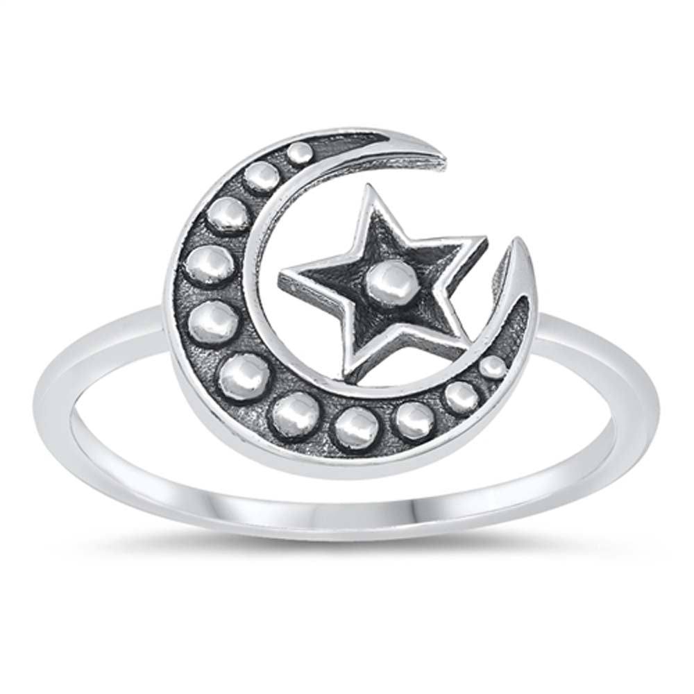 Sterling Silver Oxidize Moon And Star Ring