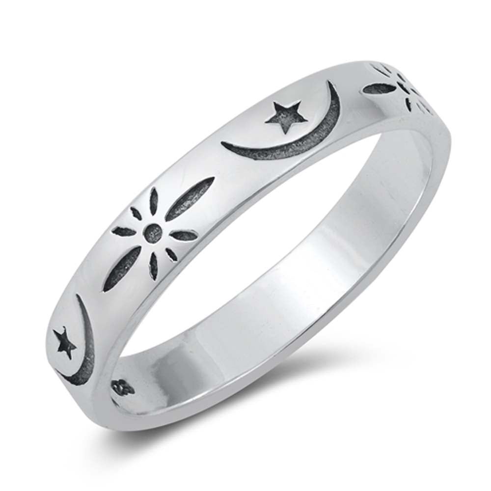 Sterling Silver Oxidized Moon and Star Ring