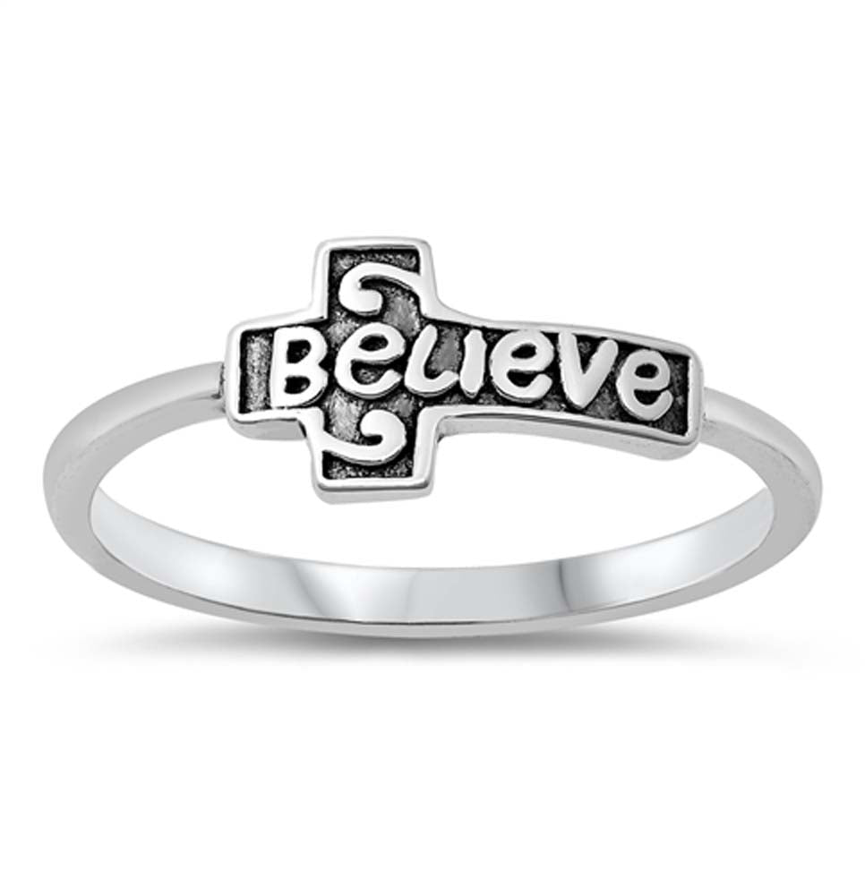 Sterling Silver Oxidized Believe Cross Ring
