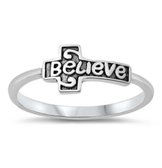 Sterling Silver Oxidized Believe Cross Ring