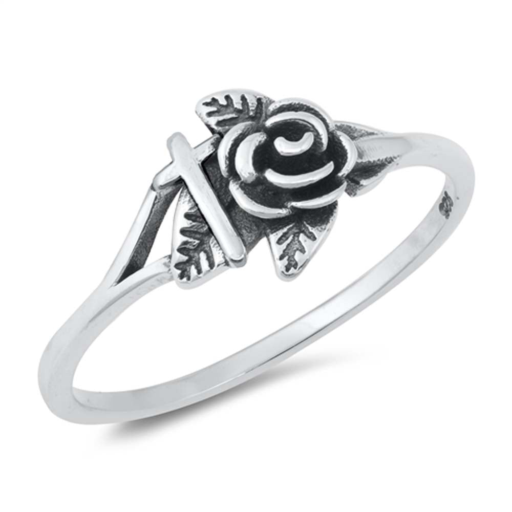 Sterling Silver Oxidized Cross And Rose Ring