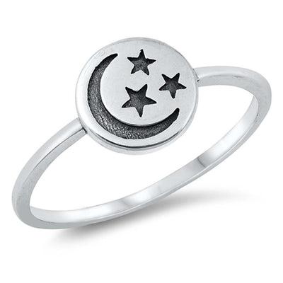 Sterling Silver Oxidize Crescent Moon And Star Ring