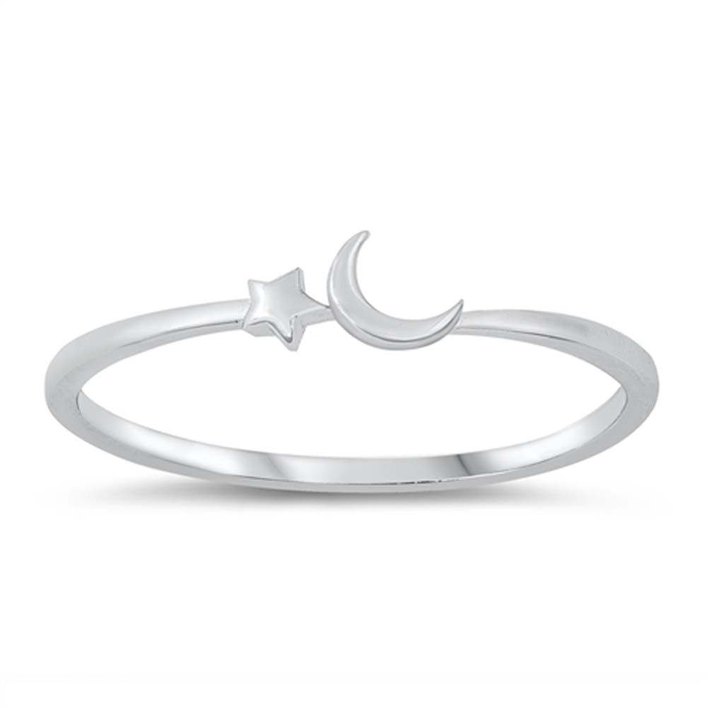 Sterling Silver Rhodium Plated Star And Crescent Moon Ring