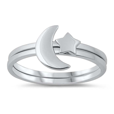 Sterling Silver Rhodium Plated Star And Crescent Moon Ring