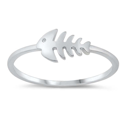 Sterling Silver Rhodium Plated Fish Skeleton Ring