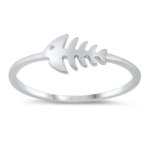 Sterling Silver Rhodium Plated Fish Skeleton Ring