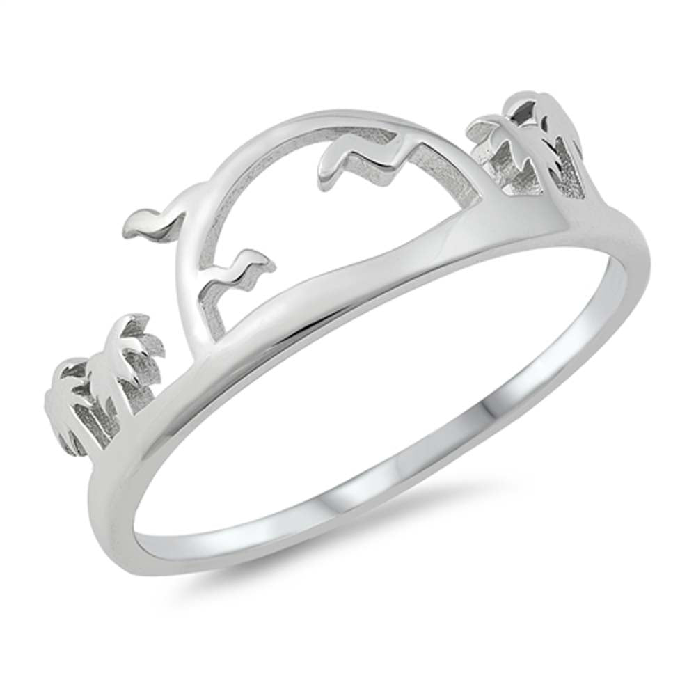 Sterling Silver Rhodium Plated Palm Trees And Sunset Ring