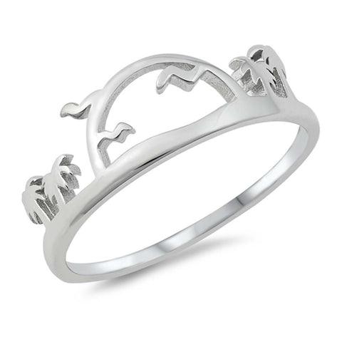 Sterling Silver Rhodium Plated Palm Trees And Sunset Ring