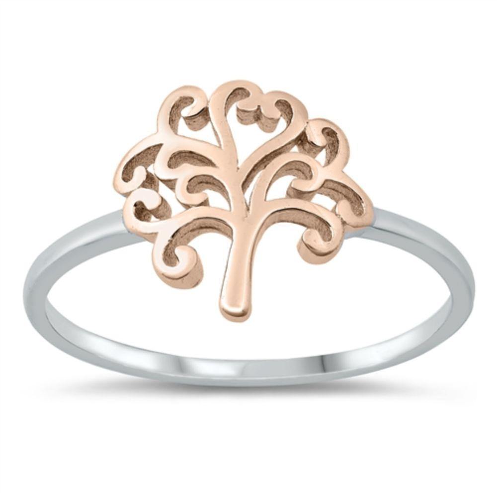 Sterling Silver Rose Gold and Rhodium Plated Tree Of Life Ring