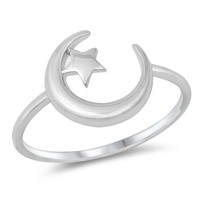 Sterling Silver High Polish Moon And Star Ring