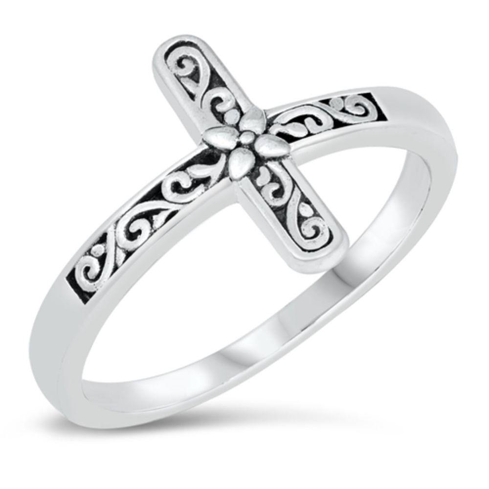 Sterling Silver Oxidized Filigree Cross Ring